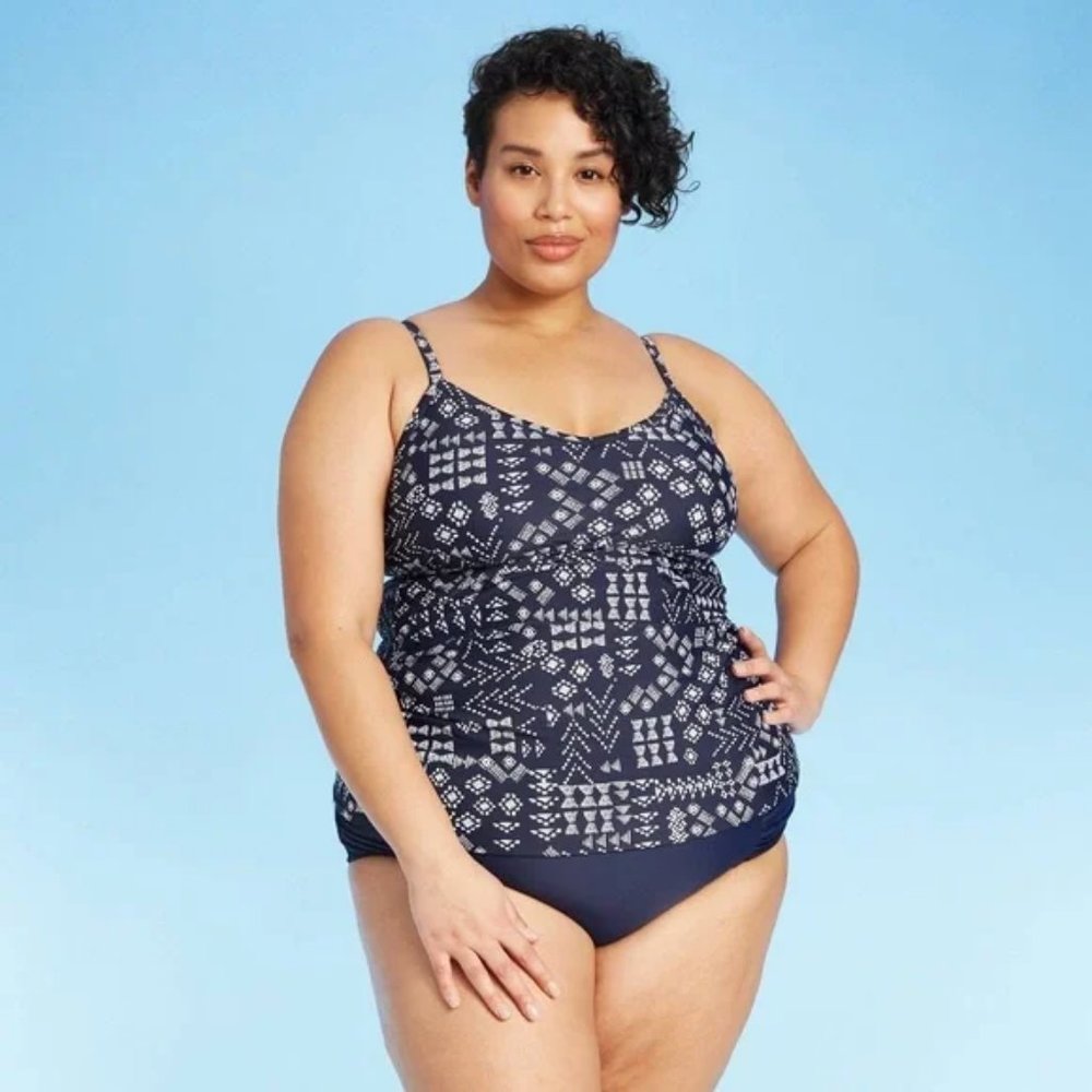 Kona Sol Geometric Navy Blue Tankini Top - 20W NWT